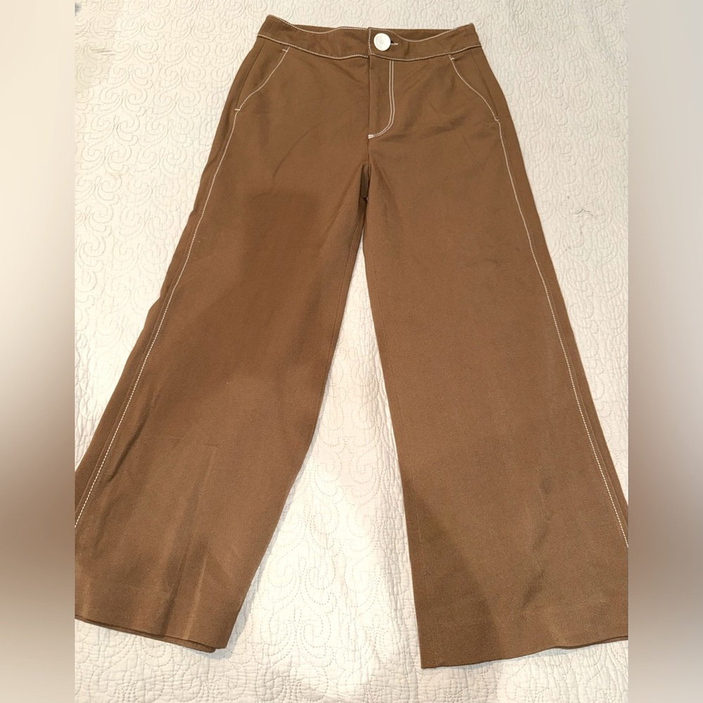 Zara Tan wide leg pants with White Stitching